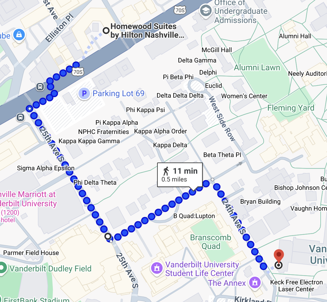 Google map showing walking route from Homewood Suites to Featheringhill Hall